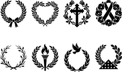 Fototapeta premium Collection of funeral wreaths and memorial symbols for remembrance day featuring a distinct and elegant black graphic silhouette