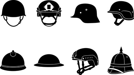 Naklejka premium Set of various historical military combat helmets for remembrance day commemoration displayed in a clean black graphic silhouette