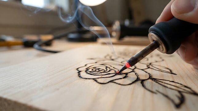 Person using a heated wood burning tool to craft a detailed rose design on a wooden surface with visible wisps of smoke rising from the craft