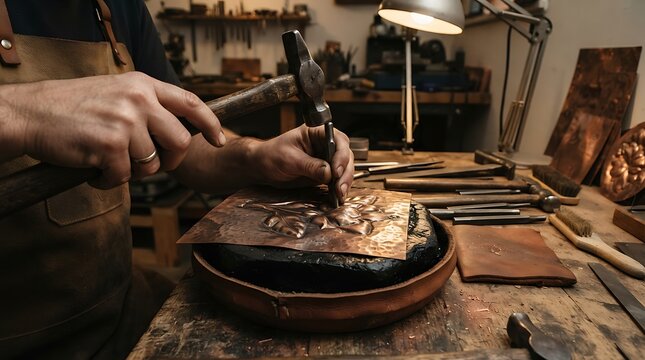 Professional artisan hammering copper plate in traditional metalworking studio using antique tools for handmade metal art