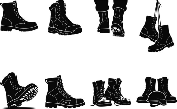Collection of military combat boots displayed in a solemn artistic style for remembrance day commemoration in black silhouette