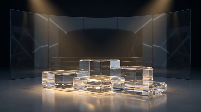 Abstract product display podiums made of clear glass cubes with soft golden lighting reflected on dark surface for luxurious premium branding and photography work.