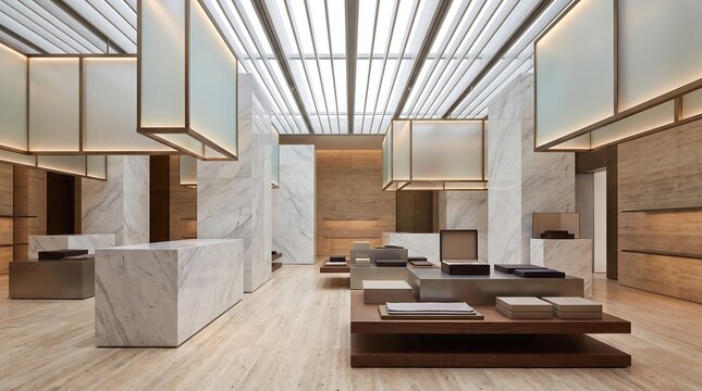 Luxury interior design of modern clothing boutique with white marble walls and minimalist wooden displays in spacious upscale fashion showroom with high ceiling.