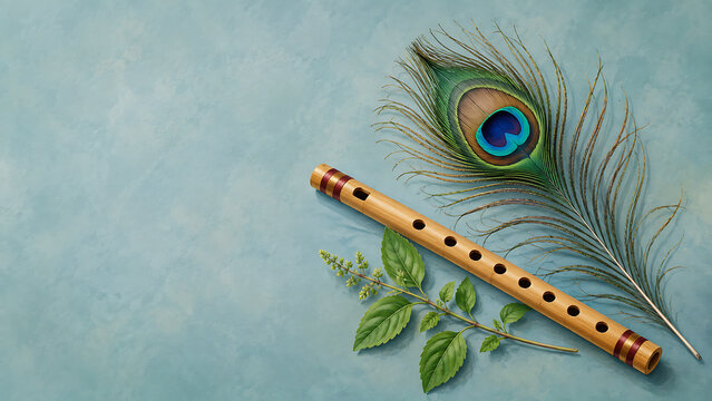 Krishna janmashtami symbolic composition featuring lord krishna flute peacock feather and sacred basil leaves arranged on blue textured background with copy space
