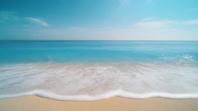 Ocean waves rolling onto tropical sandy beach under blue sky