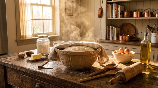 Rustic kitchen countertop with rising dough in mixing bowl, surrounded by baking tools and ingredients, cat resting on windowsill in warm natural light.