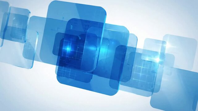 Abstract blue glass squares motion background, with tech grid, patterns and light, flares