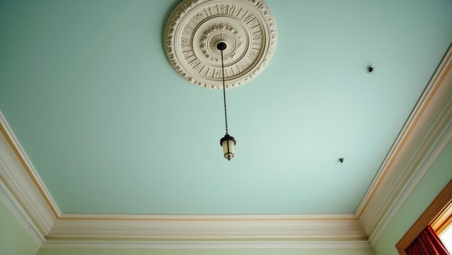 Light blue ceiling with detailed white cornices and a hanging lantern. Architectural details defining an elegant interior space