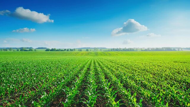 Vibrant green soybean field under a bright blue sky with scattered clouds during sunny day in agriculture landscape