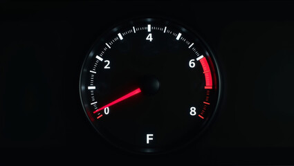 Fototapeta premium Car tachometer with red needle indicating engine revolutions per minute, showing the redline limit for optimal performance