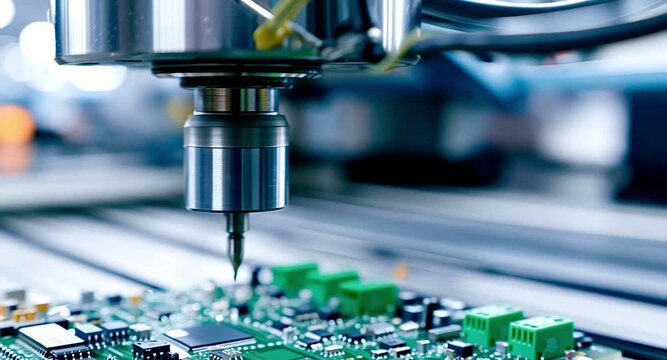 Automated robotic arm working on a green printed circuit board with a laser, installing a microchip on the motherboard with precision during the manufacturing and assembly process in a factory