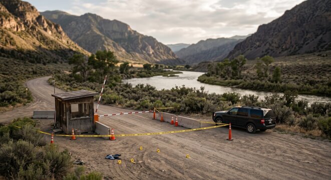 Blocked mountain road with police tape. A dirt road checkpoint is closed with yellow tape and evidence markers on the ground. A black SUV is parked near the guard booth by the river.