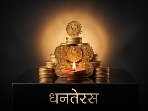 Kubera Lakshmi Gold Coin Pyramid &ndash; Dhanteras Wealth and Diwali Symbol.