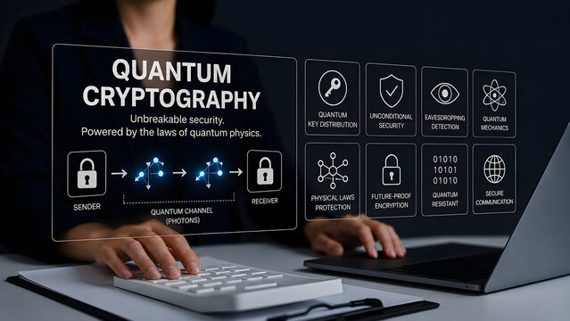 Quantum cryptography concept on a holographic interface showing quantum key distribution and unbreakable security, secure communication dashboard used by a businesswoman at an office desk