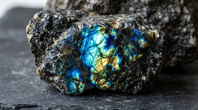 Iridescent labradorite gemstone displays vibrant blue and yellow flashes within a raw cracked dark mineral surface under soft studio lighting