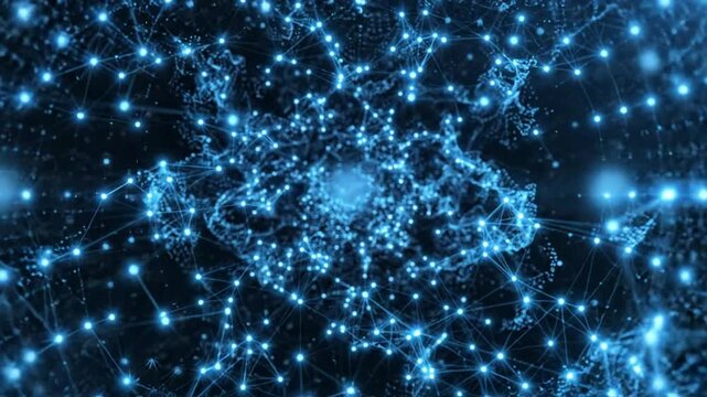 Abstract blue digital network sphere rotating with glowing data particles and connectivity lines technology