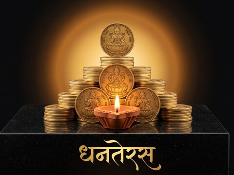 Kubera Lakshmi Gold Coin Pyramid &ndash; Dhanteras Wealth and Diwali Symbol.
