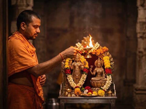 Dhanvantari Aarti on Dhanteras &ndash; Hindu Priest Performing Sacred Worship Before Shrine
