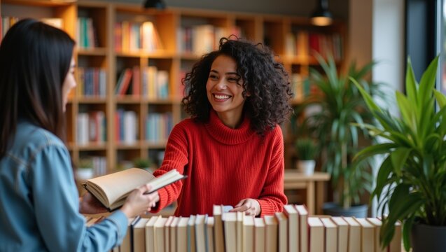 Young diverse women sharing a book in a library, representing concepts of learning, friendship, and knowledge exchange