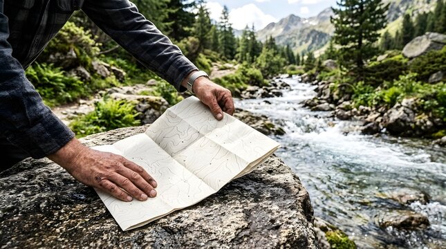 Hiker reading topographic map for navigation in wild mountain landscape
