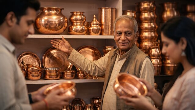 Copper Utensil Shopping on Dhanteras &ndash; Indian Shopkeeper Showing Traditional Vessels to Customers