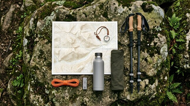 Hiking gear essentials arranged on a mossy forest rock for travel planning