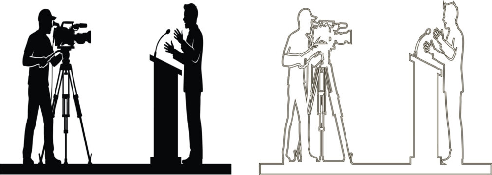 Professional cameraman filming a speaker at a podium presented as minimalist black and white vector illustrations