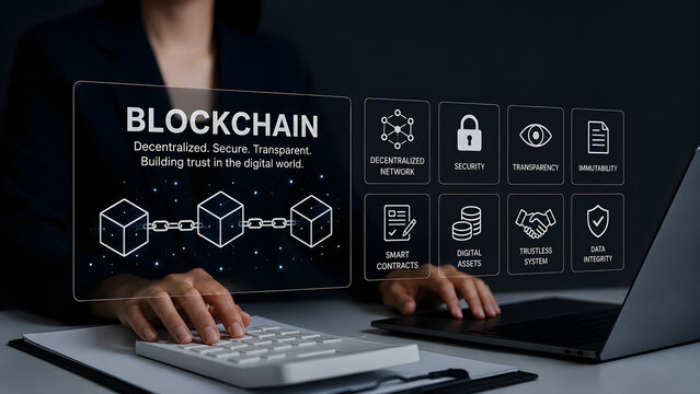 Blockchain concept on a holographic interface showing a decentralized secure chain of blocks and smart contracts, distributed ledger dashboard used by a businesswoman at an office desk