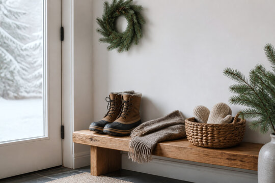 Cozy winter mudroom with snow boots and evergreen wreath
