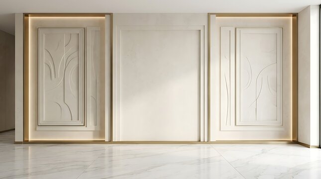 Symmetrical wall paneling displays intricate bas relief carvings illuminated by hidden LED strips within a spacious marble floored foyer.