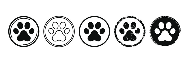 dog paw print round icon set, circular line art badges and filled stamps for pet care, veterinary, animal service and branding © GOLAM RABBI