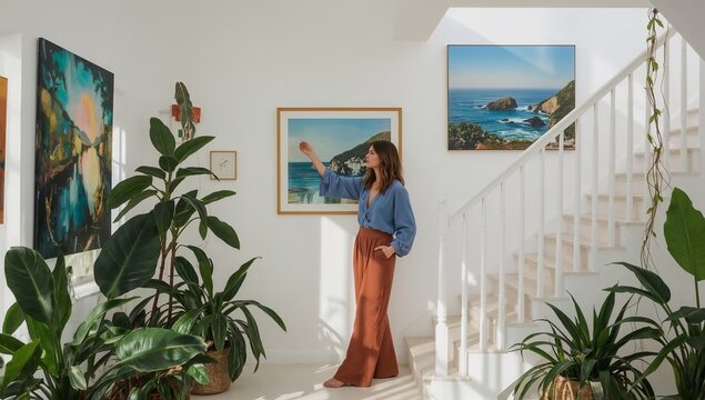 Woman appreciating modern art and home decor in a bright interior with green plants and natural light
