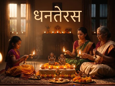 Dhanteras Family Puja &ndash; Three Generations Performing Lakshmi Kubera Aarti at Home