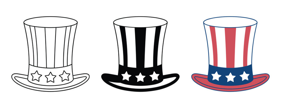Uncle Sam Hat Trio: Three iconic Uncle Sam top hats are presented side-by-side in varying styles: a line drawing, a black and white silhouette, and a patriotic red, white, and blue rendition.