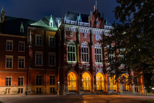 Collegium Novum illuminated building of Jagiellonian University in Krakow