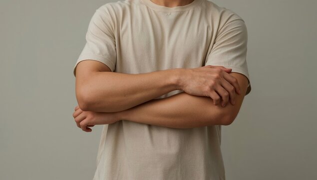 Person crossing arms in a beige t shirt, standing with a neutral pose, body language conveying reserve