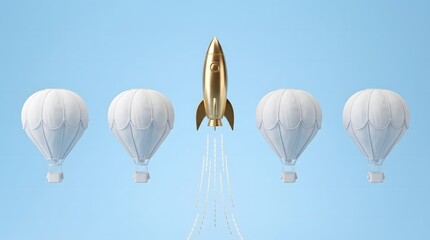 Obraz premium Gold rocket launching with white hot air balloons on blue background for business growth.
