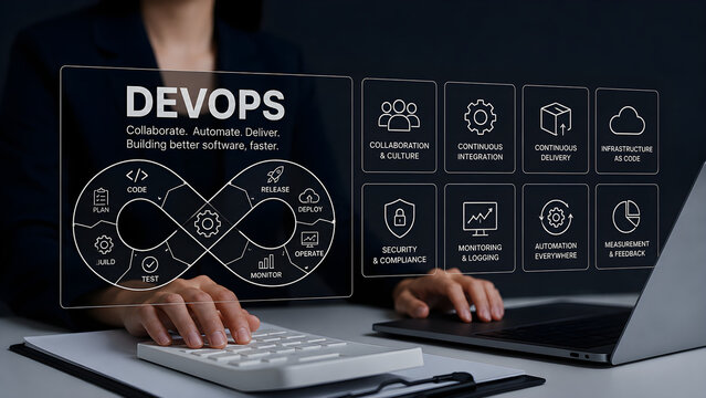 DevOps concept on a holographic interface showing the continuous integration and delivery infinity loop, software development dashboard used by a businesswoman at an office desk
