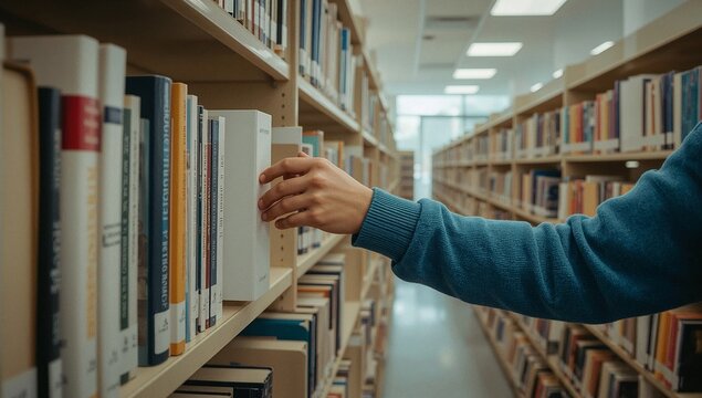 Person selecting book from shelf in a university library, researching knowledge, learning, and academic studies