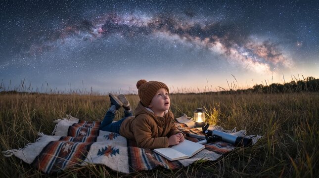 Young Boy Stargazing at Night with Telescope and Notebook in a Meadow