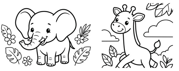 Obraz premium A cute black and white coloring page featuring a friendly baby elephant and a happy giraffe standing in a beautiful tropical jungle environment