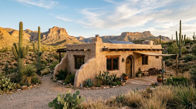 Adobe house in Sonoran desert landscape with saguaro cacti and mountain background at sunset