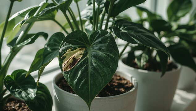 Potted houseplant with unique textured leaf showing natural variegation and sunlit details