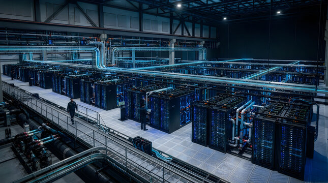 Modern server racks in a data center with blue lighting