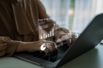 Business data analysis dashboard showing charts, statistics, and performance metrics for...