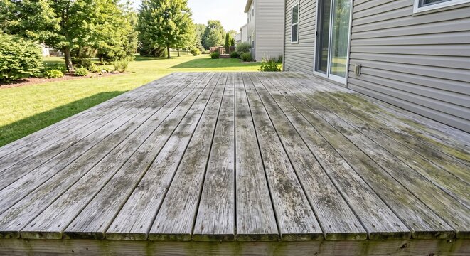 Weathered dirty wood deck with surface staining