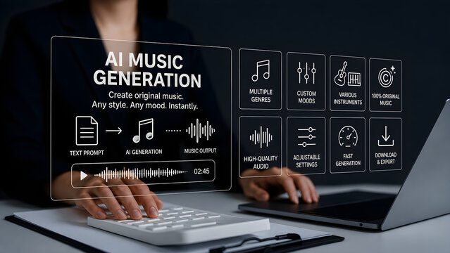 AI music generation concept on a holographic interface turning prompts into original tracks across genres and moods, generative audio dashboard used by a businesswoman at an office desk