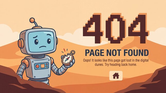 Cute robot in desert holding broken compass for 404 error page