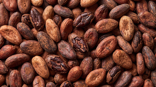 A textured surface filled with various raw cocoa beans in different shades, representing the essential ingredients used in chocolate production and culinary art.