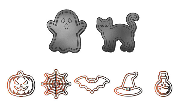 Halloween sticker pack illustration featuring a textured ghost and black cat, alongside minimalist line art pumpkin, spider web, bat, witch hat, and potion bottle